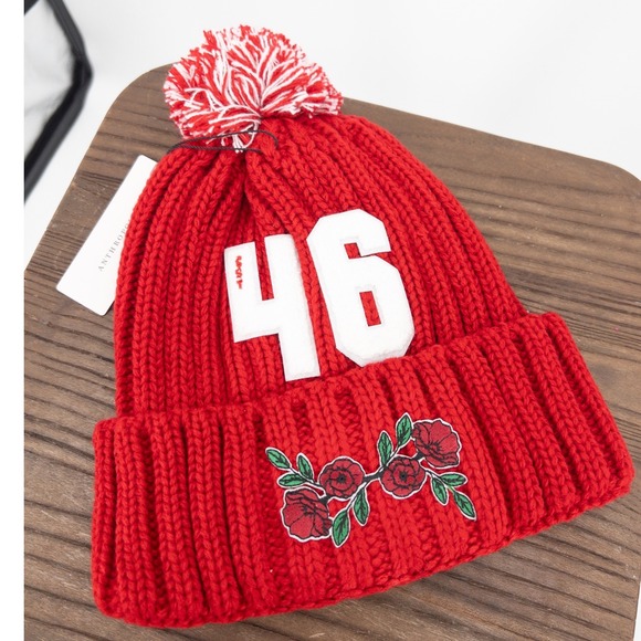 Anthropologie Wild Collective Red Game Day 46 Floral Beanie Pom Pom Hat NWT‎ main image 4
